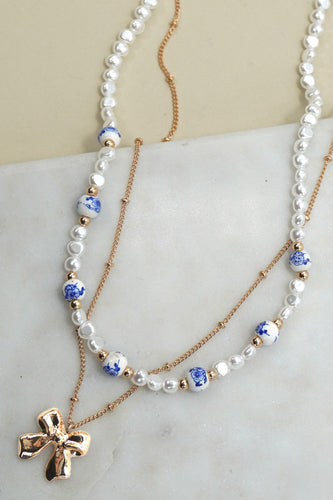 Blue Floral Bow Necklace