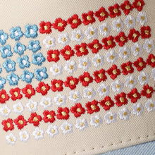 Load image into Gallery viewer, Floral American Flag Embroidered Two-Tone Denim Trucker Hat