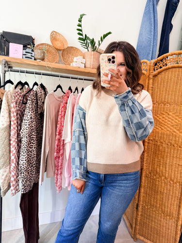 Checkered Denim Knit Sweater