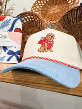 Load image into Gallery viewer, Golden Retriever Holding USA Flag Denim Brim Trucker Hat