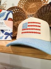 Load image into Gallery viewer, Floral American Flag Embroidered Two-Tone Denim Trucker Hat