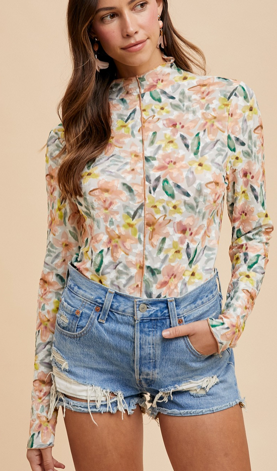 Salmon Floral Print Mock Neck