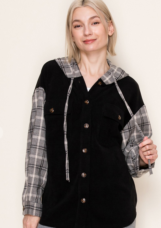 Black Plaid Hooded Shacket