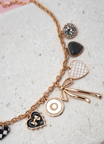 Bow & Checkered Heart Charm Necklace
