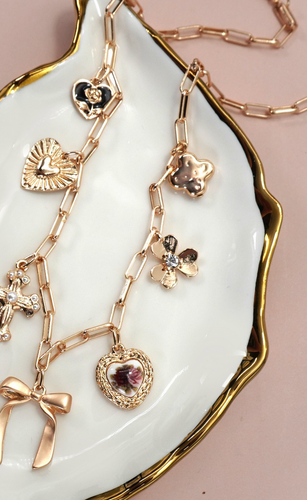 Clover, Heart, Bow Charm Necklace