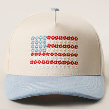 Load image into Gallery viewer, Floral American Flag Embroidered Two-Tone Denim Trucker Hat